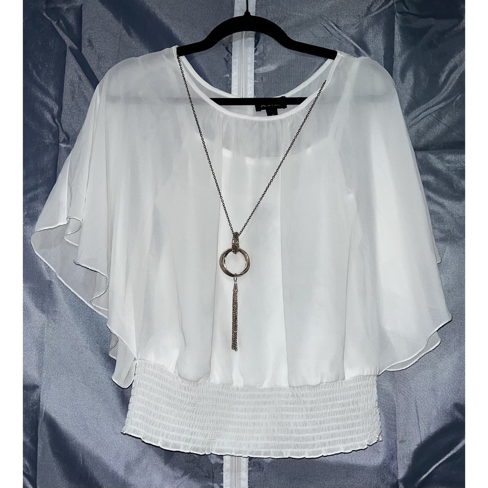 A Byer Ivory Georgette Blouse Medium Flutter Sleeve Smocked Waist Necklace